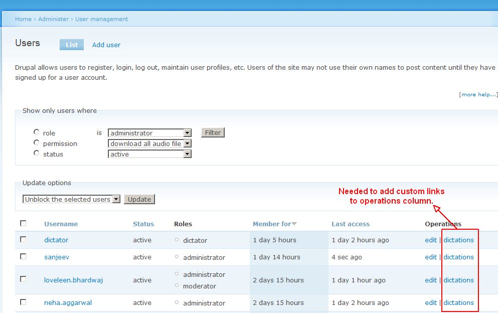 Drupal 6 – Adding custom operations to Users list in administration pages